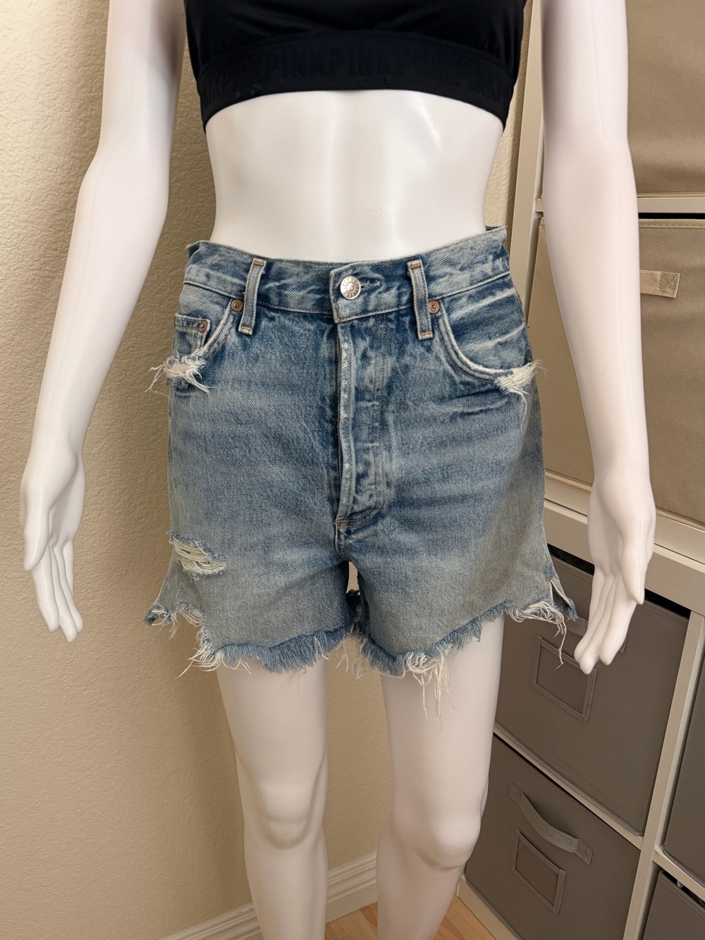 AGOLDE Distressed Light Blue Washed High Rise Denim Jean Shorts Size 27